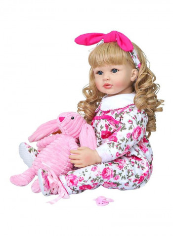 Reborn Lifelike Baby Doll with Floral Outfit and Rabbit Toy 24inch