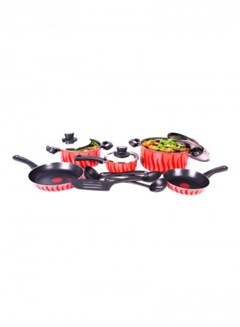 12-Piece Cooking Set Red/Black Small Fry Pan (22), Large Fry Pan (26), Saucepan (16), Small Casserole (22), Large Casserole (26)cm