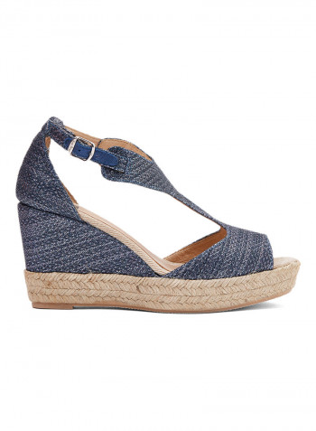 Anna-S Shimmery Pin Buckle Closure Wedge Espadrille Navy Blue