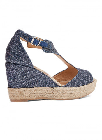 Anna-S Shimmery Pin Buckle Closure Wedge Espadrille Navy Blue