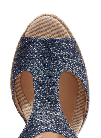 Anna-S Shimmery Pin Buckle Closure Wedge Espadrille Navy Blue