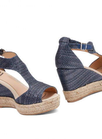 Anna-S Shimmery Pin Buckle Closure Wedge Espadrille Navy Blue