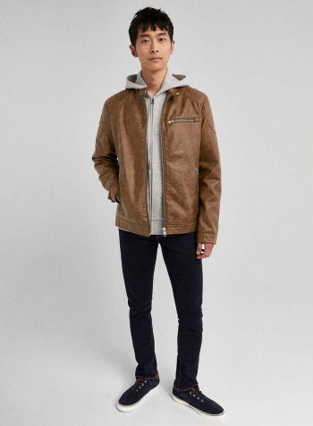 Plain Zipper Jacket Brown