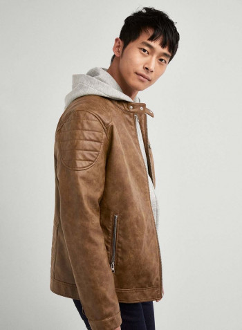 Plain Zipper Jacket Brown
