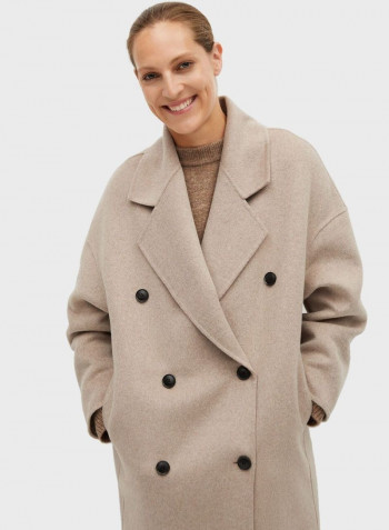 Double Breasted Longline Coat Beige