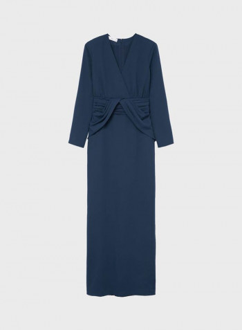 V-Neck Pleated Detail Dress Navy Blue