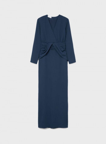 V-Neck Pleated Detail Dress Navy Blue