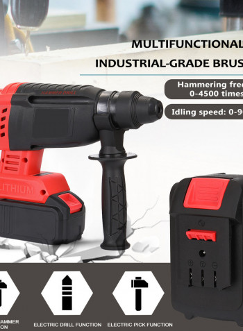 Multifunctional Impact Drill Electric Hammer With Battery And Charger Black & Red 41.00 x 11.00 x 33.00cm