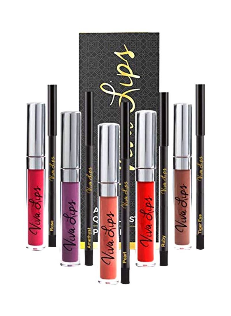 Pack Of 10 Liquid Matte Lipstick And Lip Liner Set Red/Pink/Purple