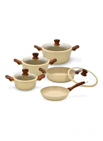 9-Piece Cookware Set Radiant Cream/Clear/Brown Casserole With Glass Lid 20x8.5 cm, Casserole With Glass Lid 24x11 cm, Casserole With Glass Lid 28x12.5 cm, Shallow Pot With Glass Lid 28x8 cm, Frying Pan 24x5cm