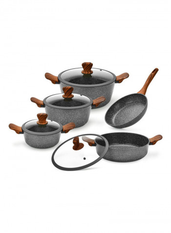 9-Piece Cookware Set Radiant Dark Grey/Clear Casserole With Glass Lid (20x8.5 cm); Casserole With Glass Lid (24x11 cm); Casserole With Glass Lid (28x12.5 cm); Shallow Pot With Glass Lid (28x8 cm); Fry Pan (24x5 cm)