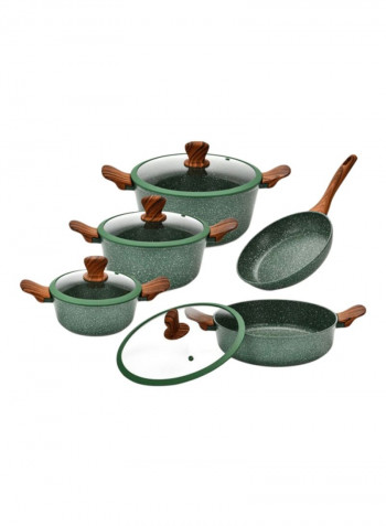 9-Piece Cookware Set Radiant Green/Clear Casserole With Glass Lid 20x8.5 Cm, Casserole With Glass Lid 24x11 Cm, Casserole With Glass Lid 28x12.5 Cm, Shallow Pot With Glass Lid 28x8 Cm, Fry Pan 24x5cm