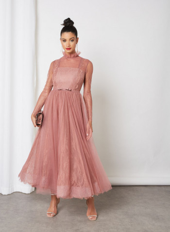 Mesh Overlay Lace Dress Pink