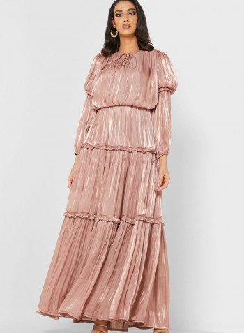 Round Neck Plisse Tiered Dress Pink