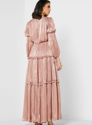 Round Neck Plisse Tiered Dress Pink