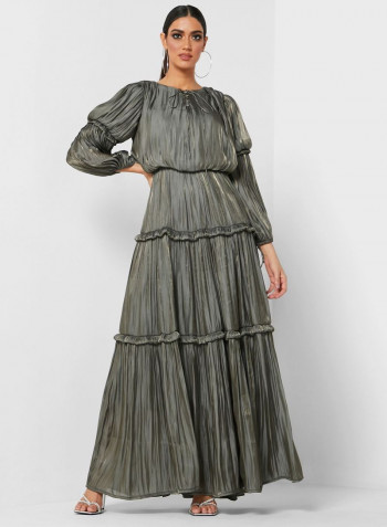 Round Neck Plisse Tiered Dress Grey