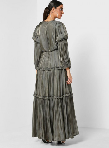 Round Neck Plisse Tiered Dress Grey