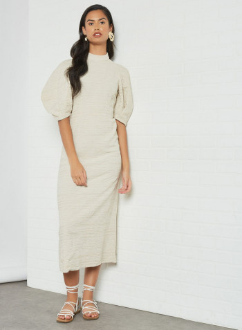 Puffed Sleeve Textured Dress Cream