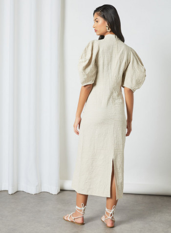 Puffed Sleeve Textured Dress Cream