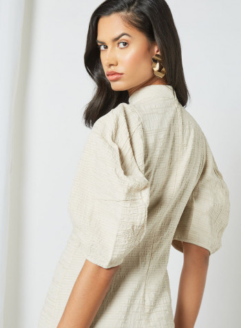 Puffed Sleeve Textured Dress Cream
