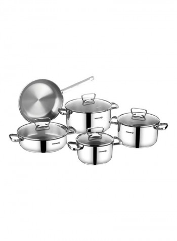 9-Piece Cookware Set silver Casserole With Glass Lid 1x1.8, Casserole With Glass Lid 1x3.5, Casserole With Glass Lid 1x5.5, Low Casserole With Glass Lid 1x3, Frypan 1x1.8cm