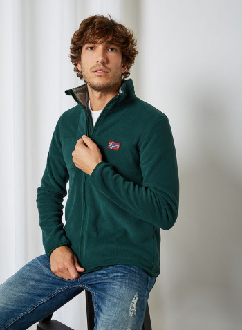 Flag Print Zip Through Hoodie Hunter Green 2