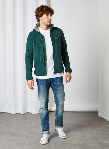 Flag Print Zip Through Hoodie Hunter Green 2