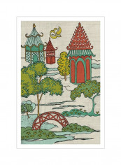 Pagoda Landscape I Wall Poster Green/Red/Beige 80x95x3.58centimeter