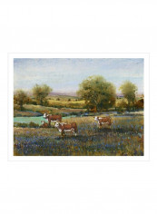 Field Of Cattle II Wall Poster Green/Blue/Brown 90x80x3.5centimeter