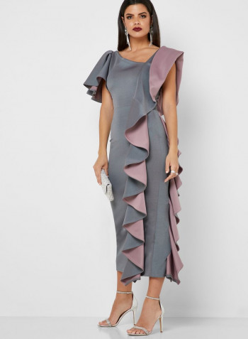 One Side Ruffle Panelled Dress Grey