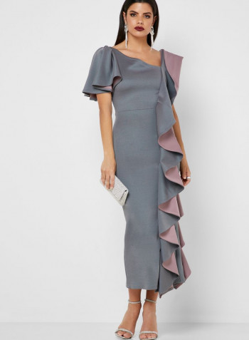 One Side Ruffle Panelled Dress Grey
