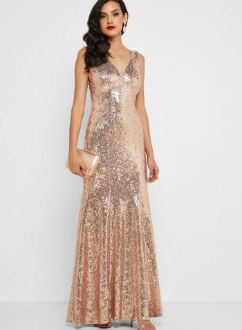 V-Neck Sequin Dress Rosegold