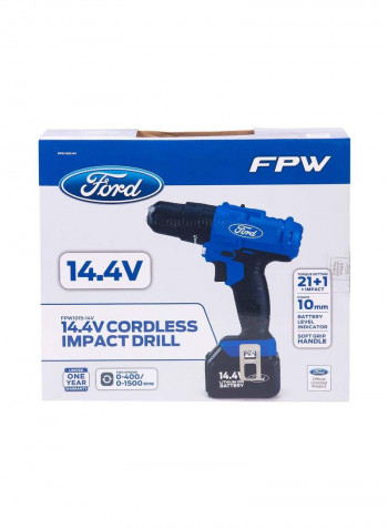 14.4V Cordless Impact Drill With 2 Batteries And BMC + 74-Piece Drill Bit Set Blue/Black