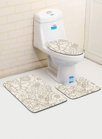 3-Piece Floral Printed Bath Mat Set Beige
