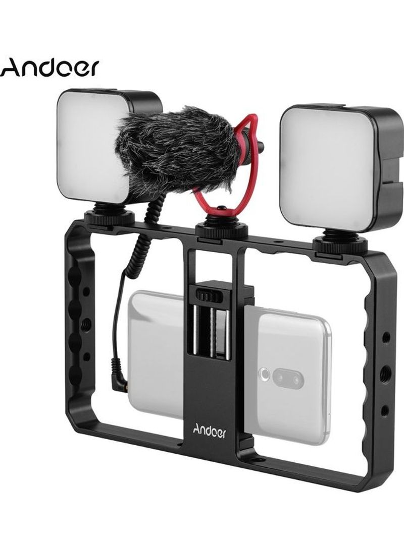 Smartphone Video Rig Grip with Dual LED Light Microphone Set Black