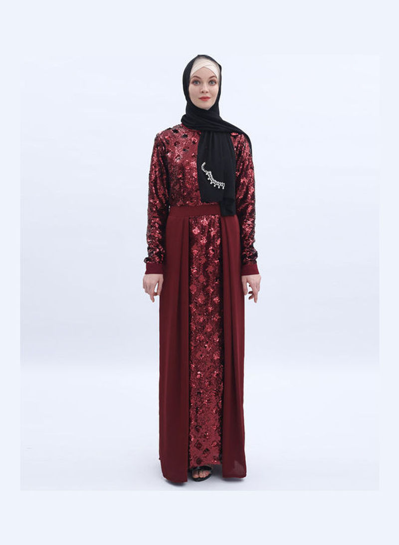Sequin Embroidery Formal Long Sleeve Abayas Dress Red
