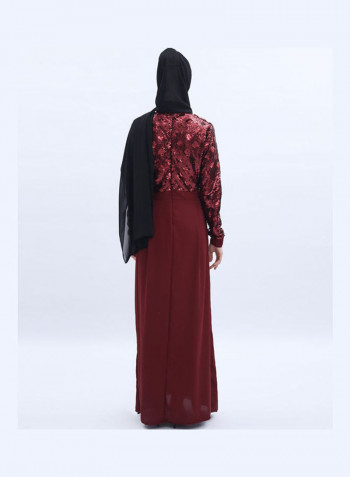 Sequin Embroidery Formal Long Sleeve Abayas Dress Red