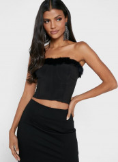 Feather Detail Sweatheart Top Black