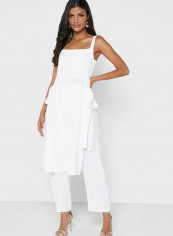 Square Neck Side Slit Longline Top and Pants Set White