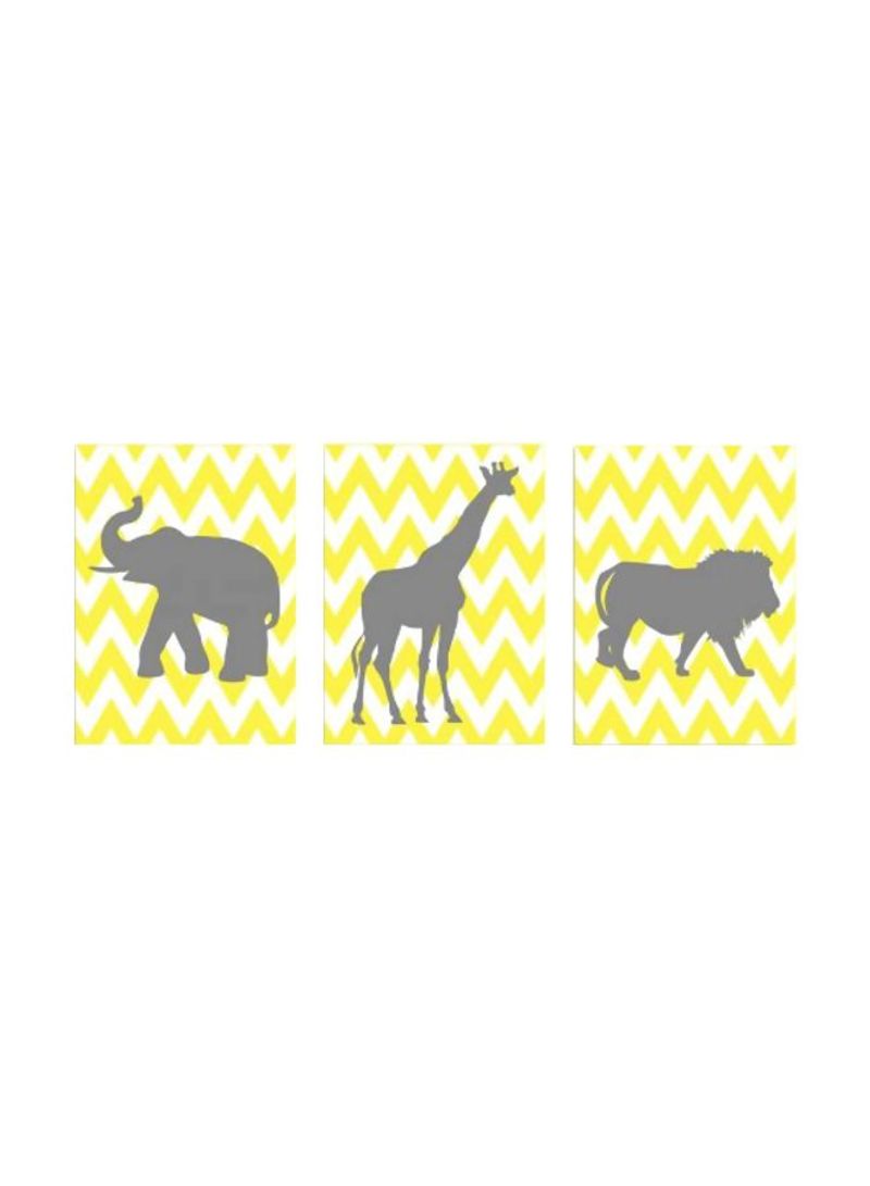 3-Piece Elephant Giraffe Lion Chevron Patterned Wall Plaque Set Grey/Yellow/White 11x15x0.5inch