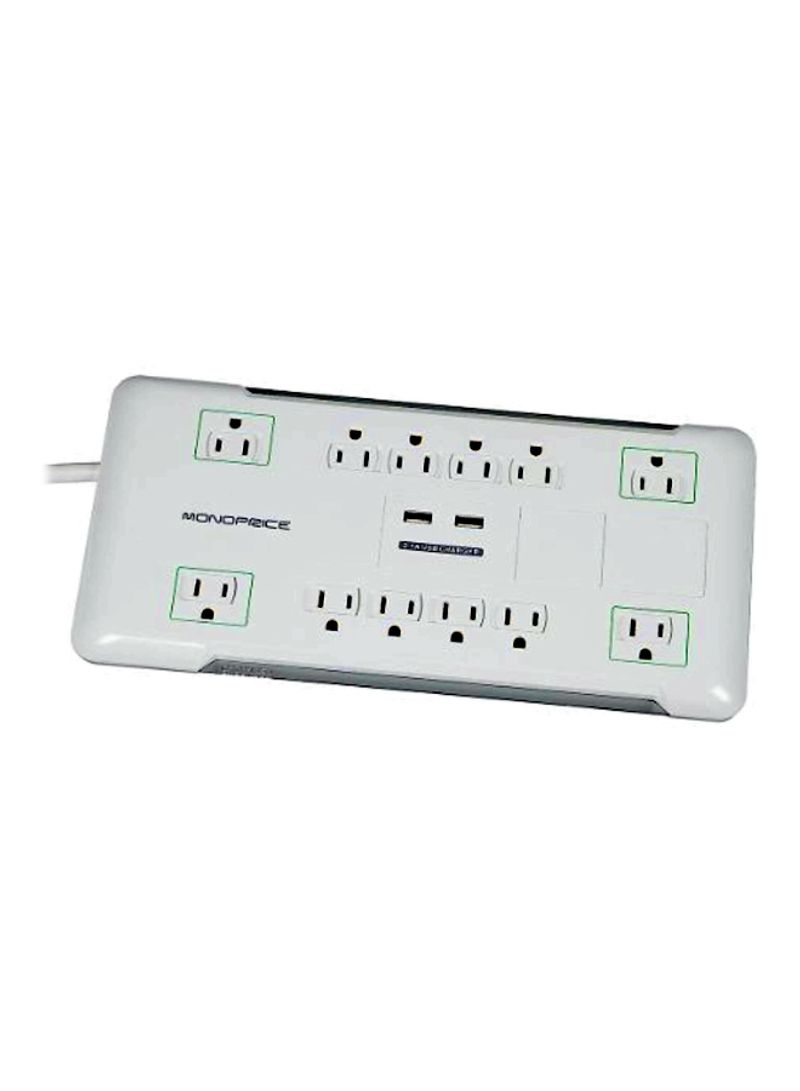12 Outlet Surge Protector Power Strip With 2 USB Charger Ports White 15x8x1.9inch