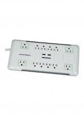 12 Outlet Surge Protector Power Strip With 2 USB Charger Ports White 15x8x1.9inch