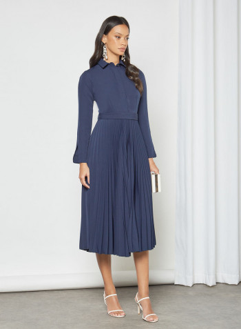 Plisse Midi Dress Navy