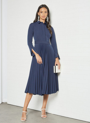 Plisse Midi Dress Navy
