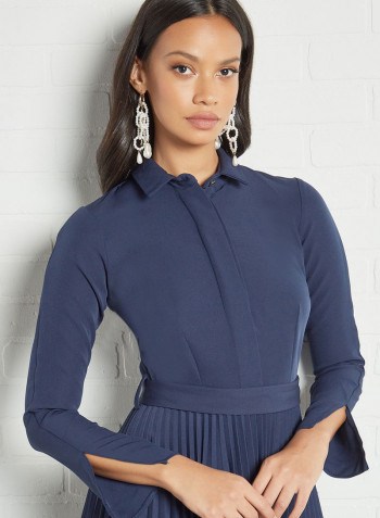 Plisse Midi Dress Navy