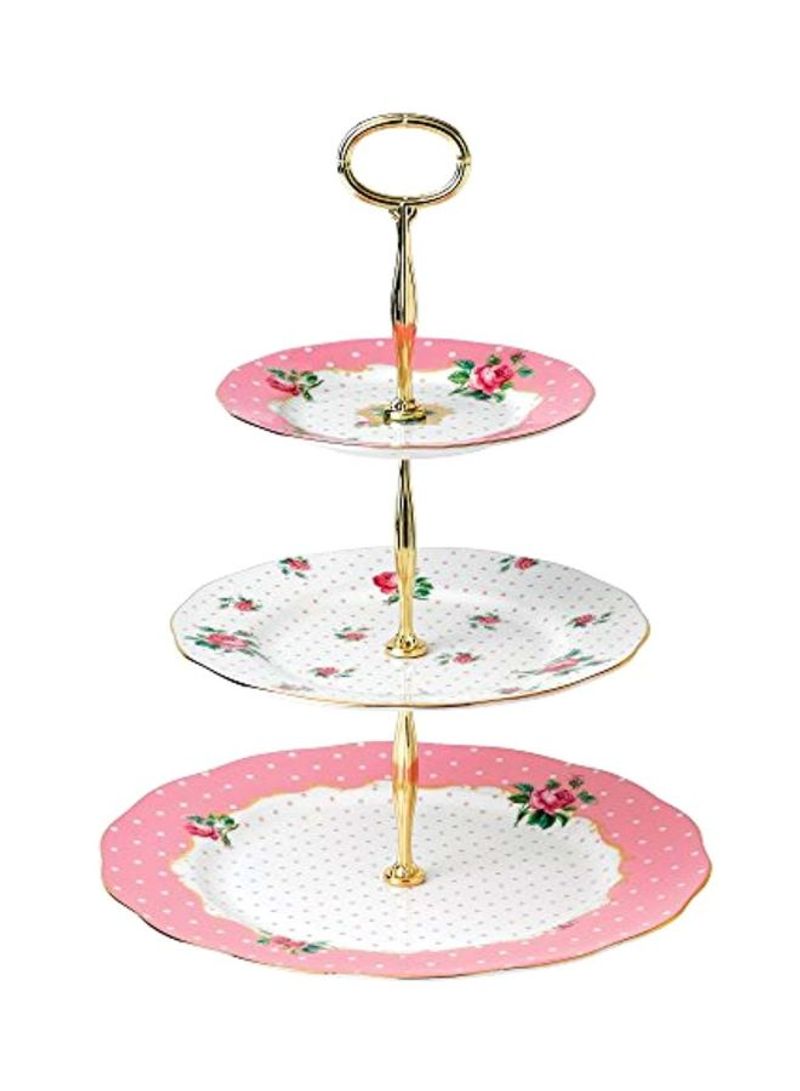 Floral Printed 3-Tier Cake Stand White/Pink/Gold