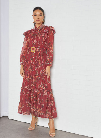 Embellished Floral Midi Dress With Belt Printed