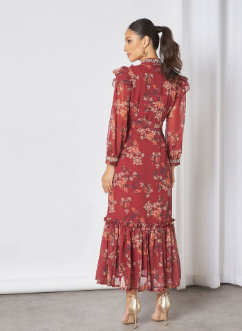 Embellished Floral Midi Dress With Belt Printed
