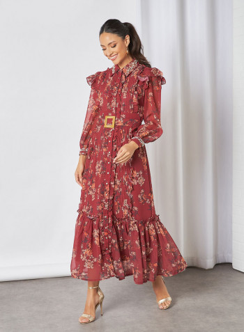 Embellished Floral Midi Dress With Belt Printed