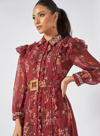 Embellished Floral Midi Dress With Belt Printed